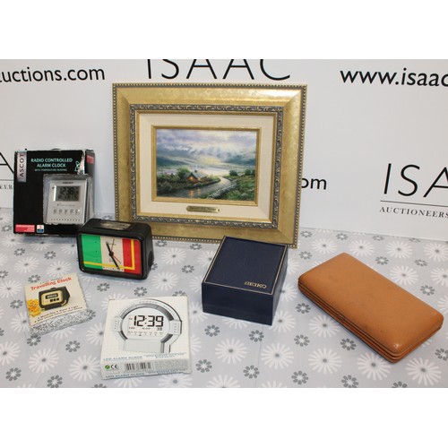 212 - Mixed Items Inc- Alarm Clocks/Boxed SEIKO Watch/THOMAS KINKADE Emerald Isle Cottage Painting With Ce... 