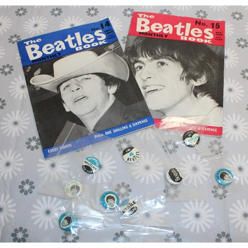 224 - THE BEATLES MONTHLY BOOK No 14 & No 15 1964 With 9 Beatles Badges