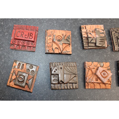 230 - 14 x Handmade Terracotta Relief Tiles By British Multi disciplinary Artist Ron Hitchin's Inspired By... 