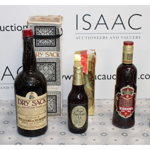 258 - Six Various Bottles, Including1 Litre Of Dry Sack Amontillado Sherry, Royal Celebration Ale, Polska ... 