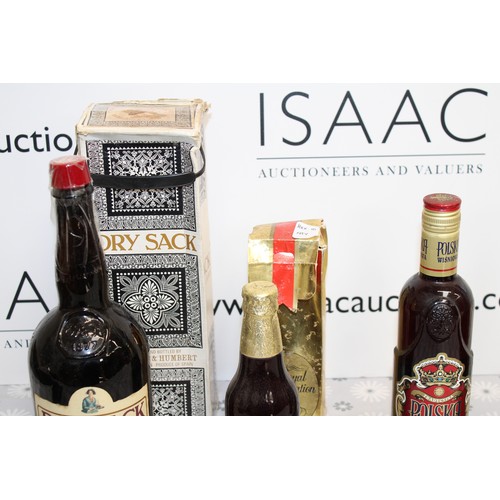 258 - Six Various Bottles, Including1 Litre Of Dry Sack Amontillado Sherry, Royal Celebration Ale, Polska ... 