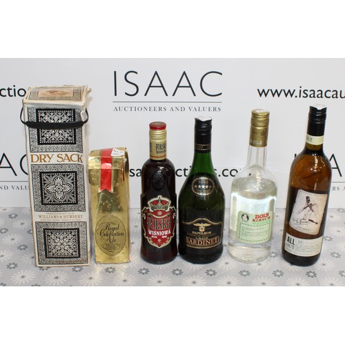 258 - Six Various Bottles, Including1 Litre Of Dry Sack Amontillado Sherry, Royal Celebration Ale, Polska ... 