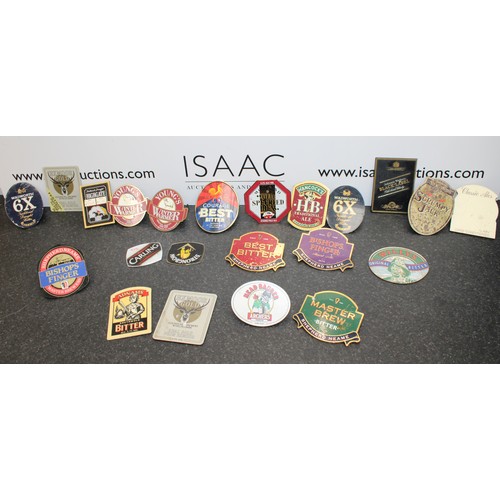 252 - A Selection Of Beer Tap Badges Etc Inc: Carling/Courage/Bishops Finger/Old Speckled Hen Etc As Found