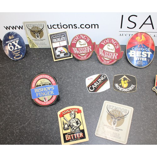 252 - A Selection Of Beer Tap Badges Etc Inc: Carling/Courage/Bishops Finger/Old Speckled Hen Etc As Found