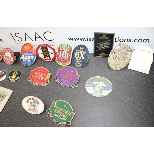252 - A Selection Of Beer Tap Badges Etc Inc: Carling/Courage/Bishops Finger/Old Speckled Hen Etc As Found