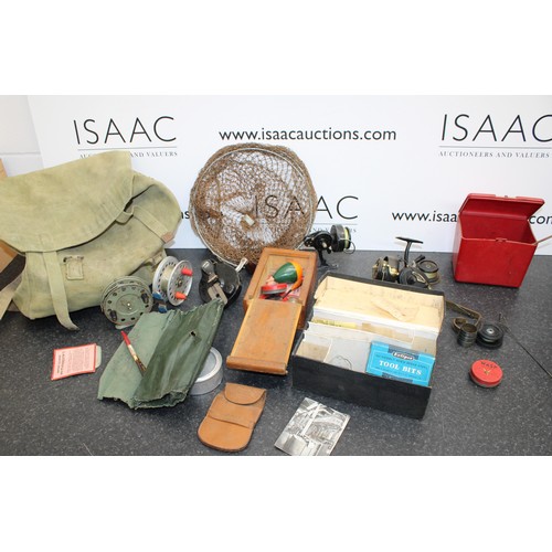 235 - A Selection Of Fishing Items Including: Floats/Line And Reels Etc Inside A British Army Canvas Bag A... 