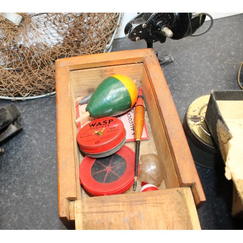 235 - A Selection Of Fishing Items Including: Floats/Line And Reels Etc Inside A British Army Canvas Bag A... 