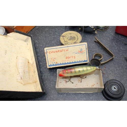 235 - A Selection Of Fishing Items Including: Floats/Line And Reels Etc Inside A British Army Canvas Bag A... 