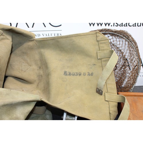 235 - A Selection Of Fishing Items Including: Floats/Line And Reels Etc Inside A British Army Canvas Bag A... 