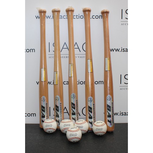 201 - 5 x Wooden Baseball Bats With 5 x Balls As Found