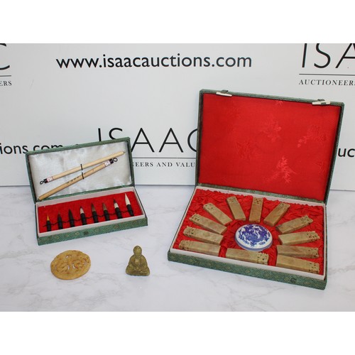 181 - Oriental Items Including A Oriental Seal/Stamp Set 12 Zodiac Signs & Red Ink Paste In A Silk Covered... 