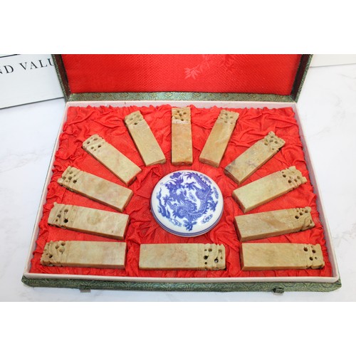 181 - Oriental Items Including A Oriental Seal/Stamp Set 12 Zodiac Signs & Red Ink Paste In A Silk Covered... 