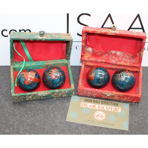 183 - 2 x Decorative Boxed Vintage Chinese Baoding/Meditation Balls Featuring Enamelled Dragon Design As F... 