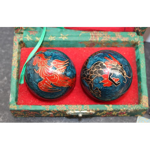 183 - 2 x Decorative Boxed Vintage Chinese Baoding/Meditation Balls Featuring Enamelled Dragon Design As F... 