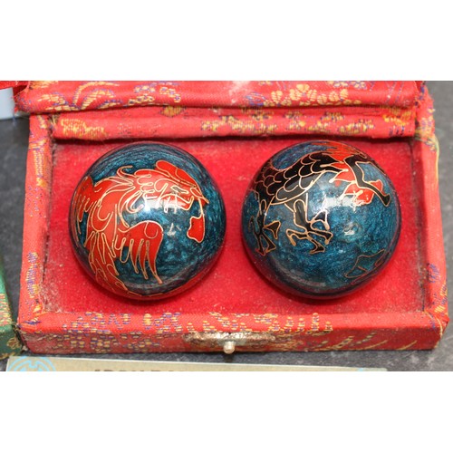 183 - 2 x Decorative Boxed Vintage Chinese Baoding/Meditation Balls Featuring Enamelled Dragon Design As F... 