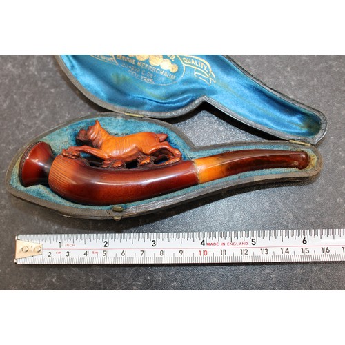 251 - A Collectable Antique Meerschaum Pipe Featuring A Carved Pug Dog Presented In It's Original Fitted C... 