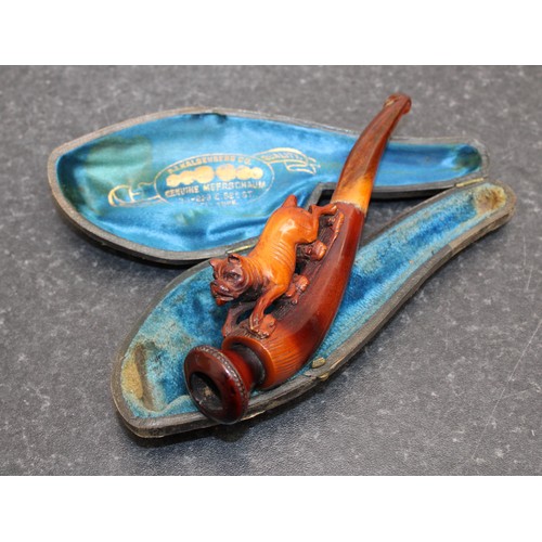 251 - A Collectable Antique Meerschaum Pipe Featuring A Carved Pug Dog Presented In It's Original Fitted C... 