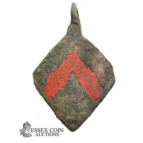 64 - Medieval Heraldic Harness Pendant. Circa, 1268-1307 AD. Copper-alloy, 10.90 grams. 42.71 mm. An enam... 