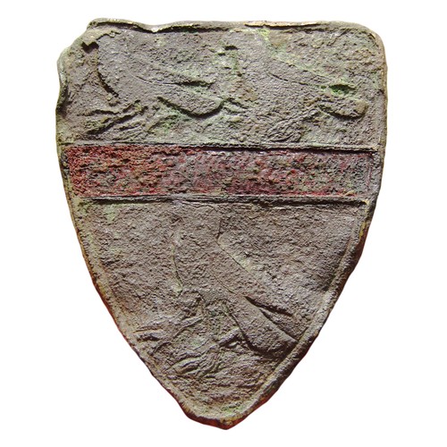 66 - Large Medieval Heraldic Mount. Circa, 13th century AD. Copper-alloy, 40.38 grams. 72.60 mm. A shield... 