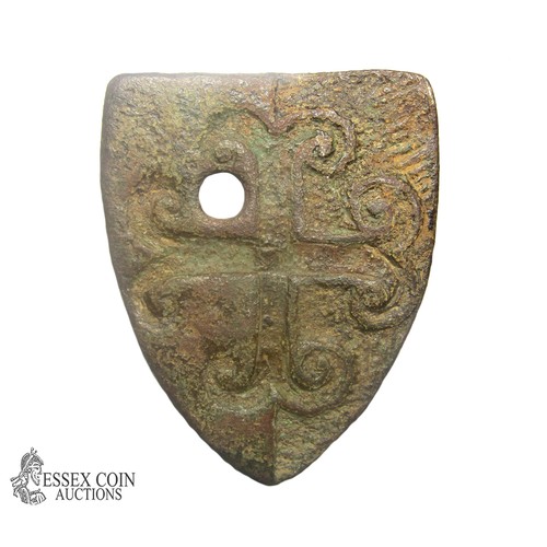 67 - Large Medieval Heraldic Mount. Circa, 13th century AD. Copper-alloy, 42.02 grams. 57.20 mm. a shield... 