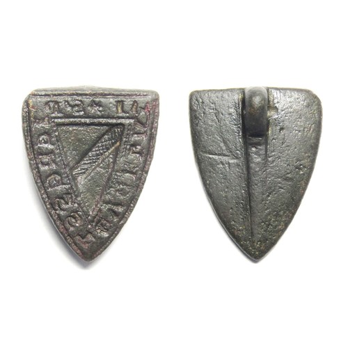 84 - Medieval Shield Shaped Heraldic Seal Matrix. Circa, 13th-14th century AD. Copper-alloy, 9.53 grams. ... 