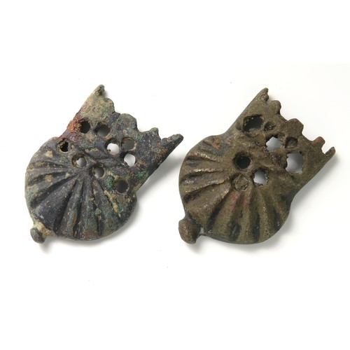 93 - Medieval scabbard chapes. A pair of late medieval bronze dagger scabbard chapes, both with openwork ... 