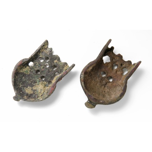 93 - Medieval scabbard chapes. A pair of late medieval bronze dagger scabbard chapes, both with openwork ... 