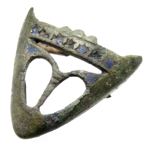 106 - Medieval enamelled scabbard chape, circa 15th century. Copper-alloy, 42mm x 39mm, 14.0g. An unusual ... 