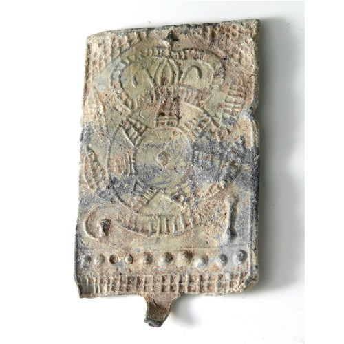 127 - 17th century lead horn book. 53mm x 32mm, 19.5g. Detailed on the front with the alphabet in four lin... 