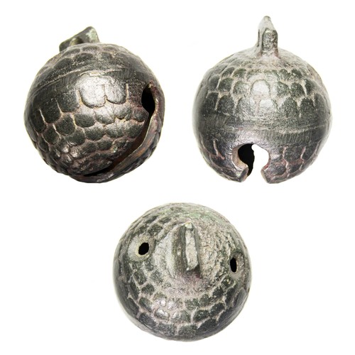 131 - Fish Scale Bronze Crotal Bell. Circa 16th-17th century AD. Copper-alloy, 72.48 grams. 44.91 mm. A la... 