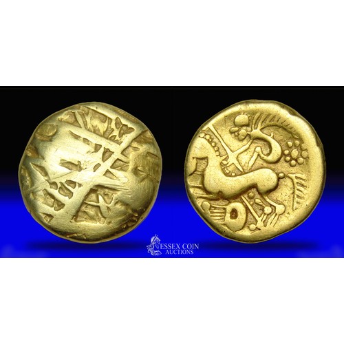 136 - Gallo-Belgic Crossed Lines & Lyre Type Stater. Gold, 7.22 grams. 17.45 mm. Obv: branched pattern of ... 