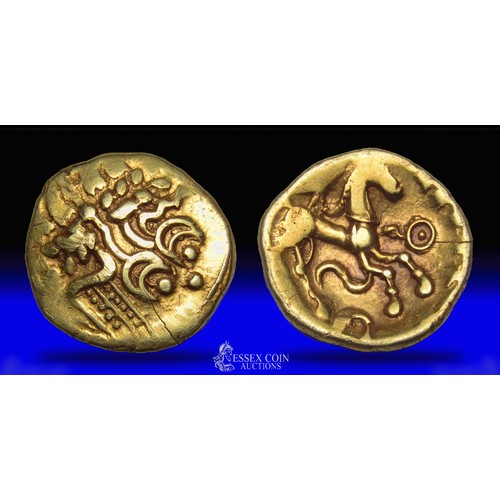 139 - Little Horned Serpent Gold Quarter Stater. Gold, 1.38 grams. 12.97 mm. Obv: degraded head of Apollo.... 