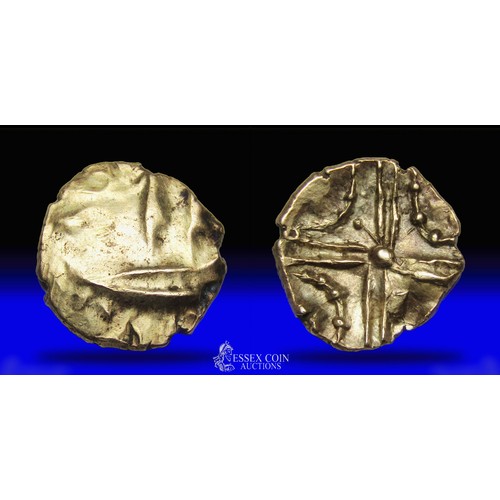 142 - Clacton Cross Gold Quarter Stater, Circa 10-5 bc. Gold, 1.45 grams, 13.62 mm. Obv: Traces of three m... 