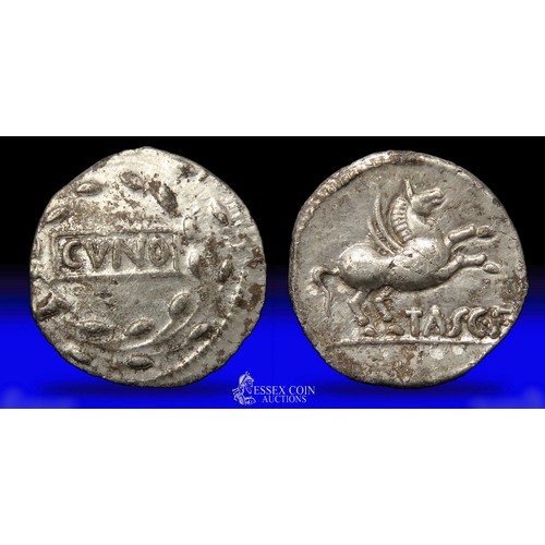 147 - Cunobelin silver unit, Pegasus right type. Silver, 14mm, 1.25g. Obv: CVNO in tablet with wreath bord... 