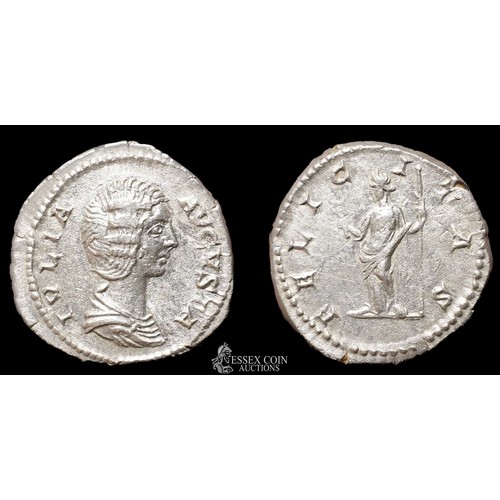 157 - Julia Domna Silver Denarius, struck AD 206 at Rome mint. Silver, 2.37 grams, 17.80mm. Obv: draped bu... 