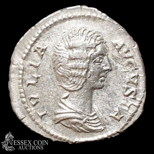 157 - Julia Domna Silver Denarius, struck AD 206 at Rome mint. Silver, 2.37 grams, 17.80mm. Obv: draped bu... 