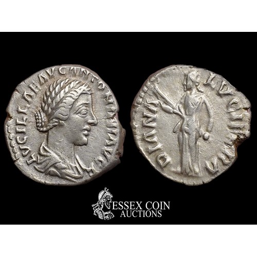 159 - Lucilla Silver Denarius, AD 164-182. Silver, 2.83 grams, 18.10 mm. Obv: Draped bust right, +LVCILLAE... 