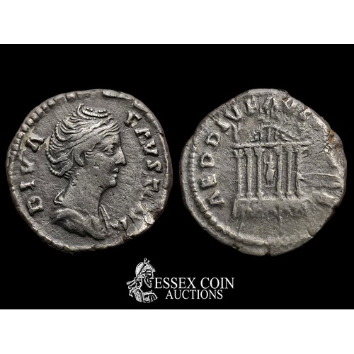 160 - Faustina Silver Denarius, 139-141 CE. Silver, 2.57 grams, 17.20 mm. Obv: Draped bust right with elab... 