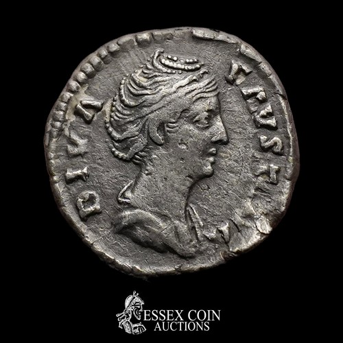 160 - Faustina Silver Denarius, 139-141 CE. Silver, 2.57 grams, 17.20 mm. Obv: Draped bust right with elab... 