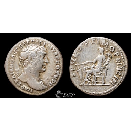 161 - Trajan Silver Denarius. Silver, 2.96 grams, 18.00 mm. Obv: Laureate, draped and cuirassed bust right... 