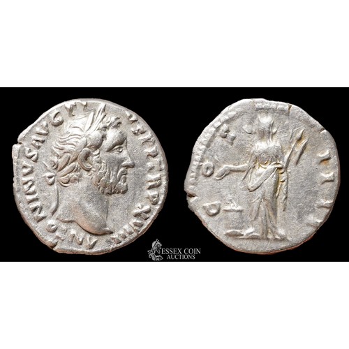 164 - Antoninus Pius Silver Denarius, 154-155 AD. Silver 2.75 grams, 17.60 mm. Obv: Laureate head right, +... 