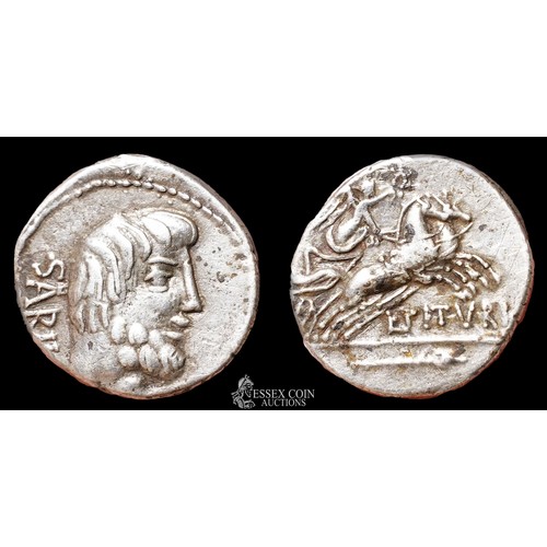 165 - Republican Silver Denarius. Silver, 3.68 grams, 17.90 mm. Obv: Bear head of King Tatius right, +SABI... 