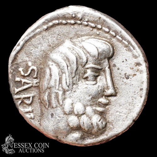 165 - Republican Silver Denarius. Silver, 3.68 grams, 17.90 mm. Obv: Bear head of King Tatius right, +SABI... 