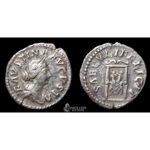 166 - Faustina Silver Denarius, 154-157 AD. Silver, 2.81 grams, 18.10 mm. Obv: draped bust right wearing s... 