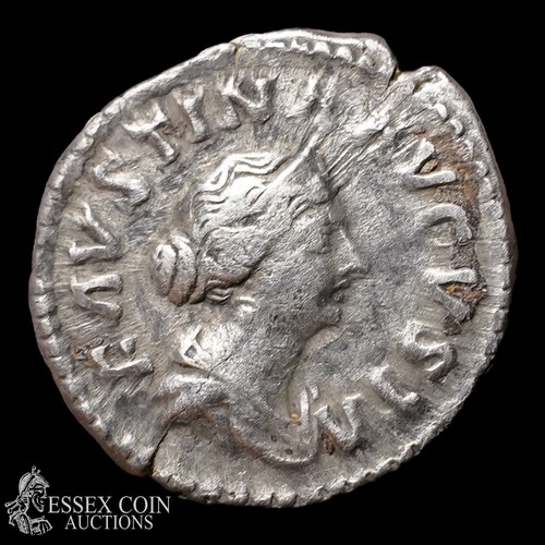 166 - Faustina Silver Denarius, 154-157 AD. Silver, 2.81 grams, 18.10 mm. Obv: draped bust right wearing s... 