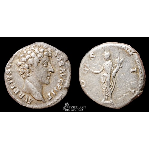 168 - Marcus Aurelius Silver Denarius, AD 161-180. Silver, 3.14 grams, 17.10 mm. Obv: Bare head of the you... 