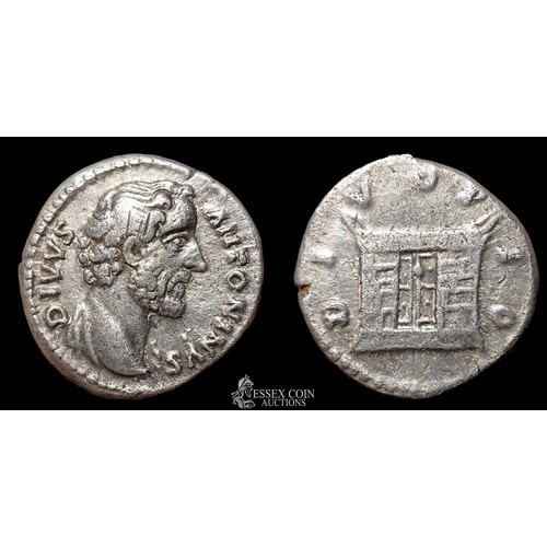 171 - Divus Antoninus Pius Silver Denarius. Silver,  2.73 grams 17.05 mm. Obv: Bare head right, +DIVUS ANT... 