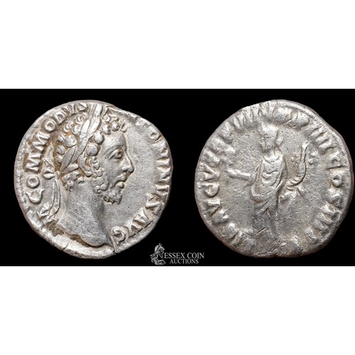 172 - Commodus Silver Denarius, 181 AD. Silver, 2.93 grams, 16.20 mm. Obv: Laureate head right, +M COMMODV... 