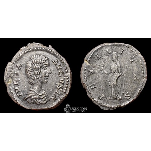 173 - Julia Domna Silver Denarius. Silver, 2.11 grams, 19.50 mm. Obv: draped bust right, + IVLIA AVGVSTA. ... 