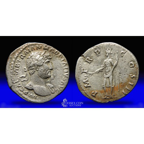 176 - Hadrian silver denarius. Silver, 19mm, 3.0g. Obv: Laureate bust right, slight drapery, +IMP CAESAR T... 